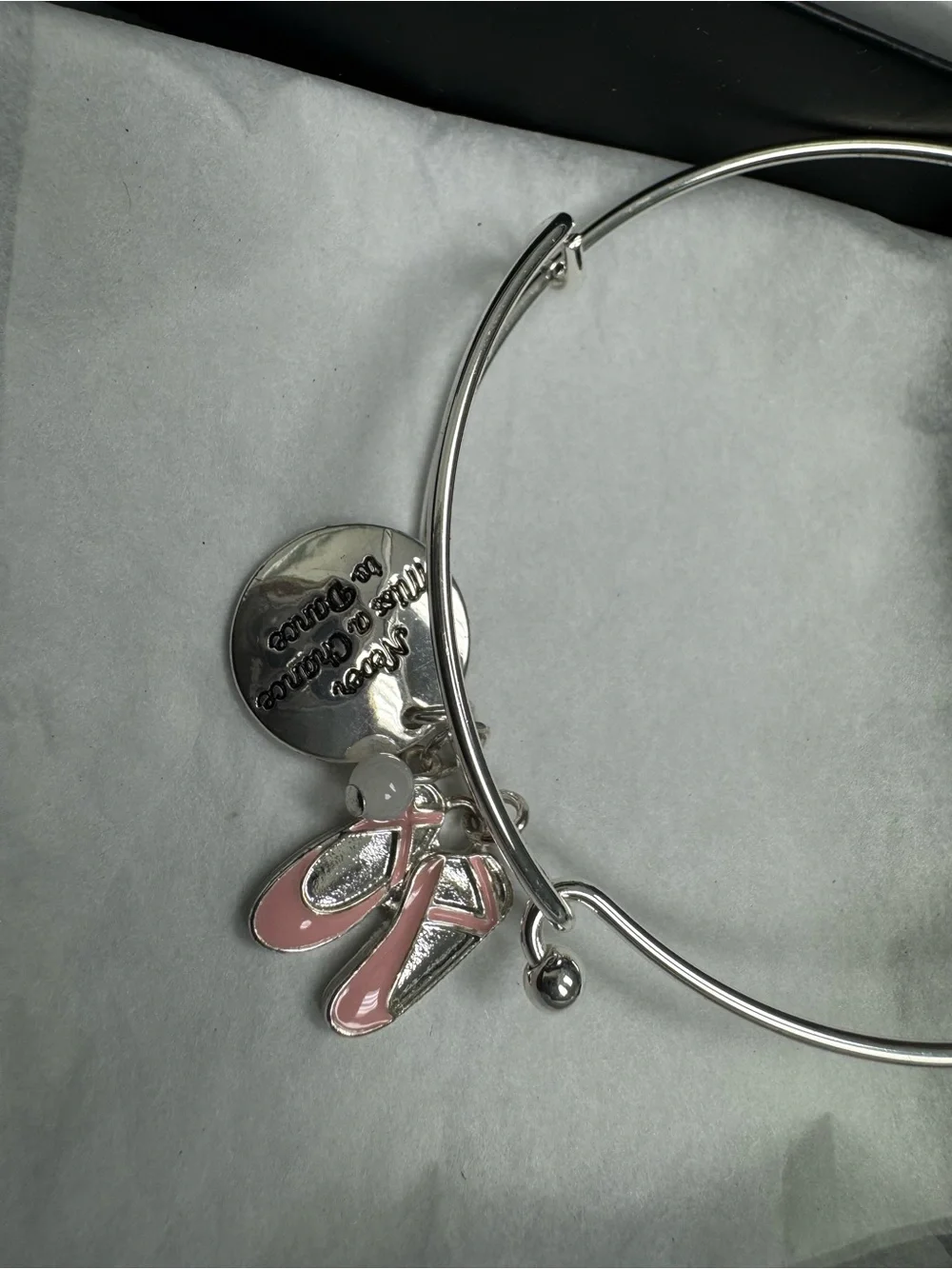 Avon Silver-Tone Bangle Bracelet with Pink Enamel Ballet Shoe Charms